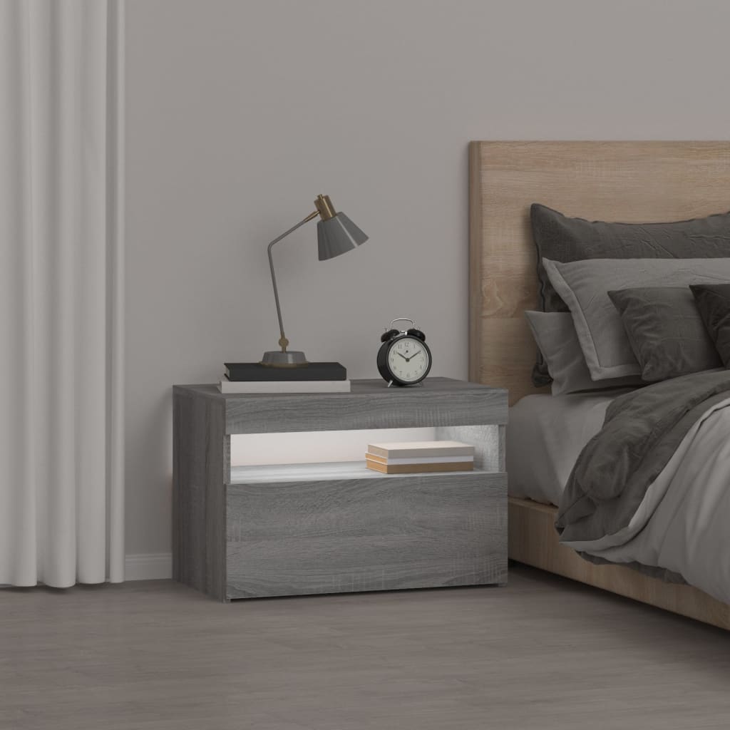 sengebord med LED-lys 60x35x40 cm grå sonoma-eg