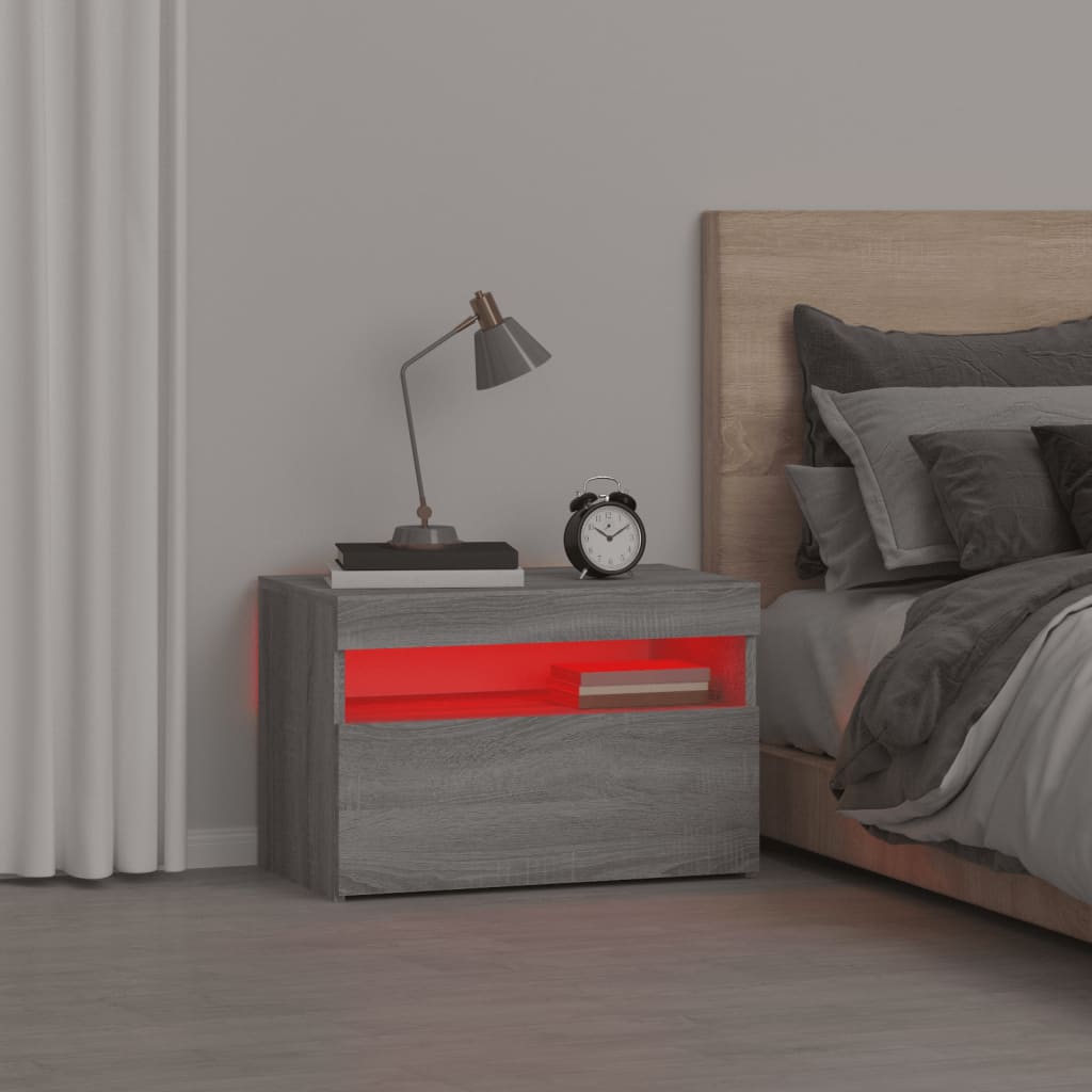 sengebord med LED-lys 60x35x40 cm grå sonoma-eg