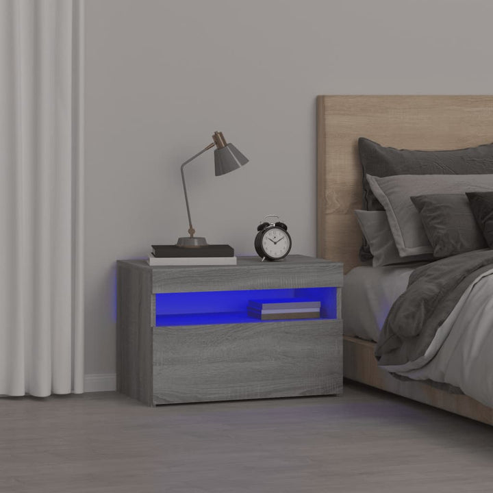 sengebord med LED-lys 60x35x40 cm grå sonoma-eg