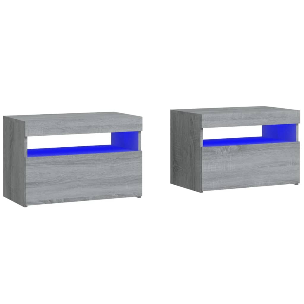 sengeborde 2 stk. med LED-lys 60x35x40 cm grå sonoma-eg