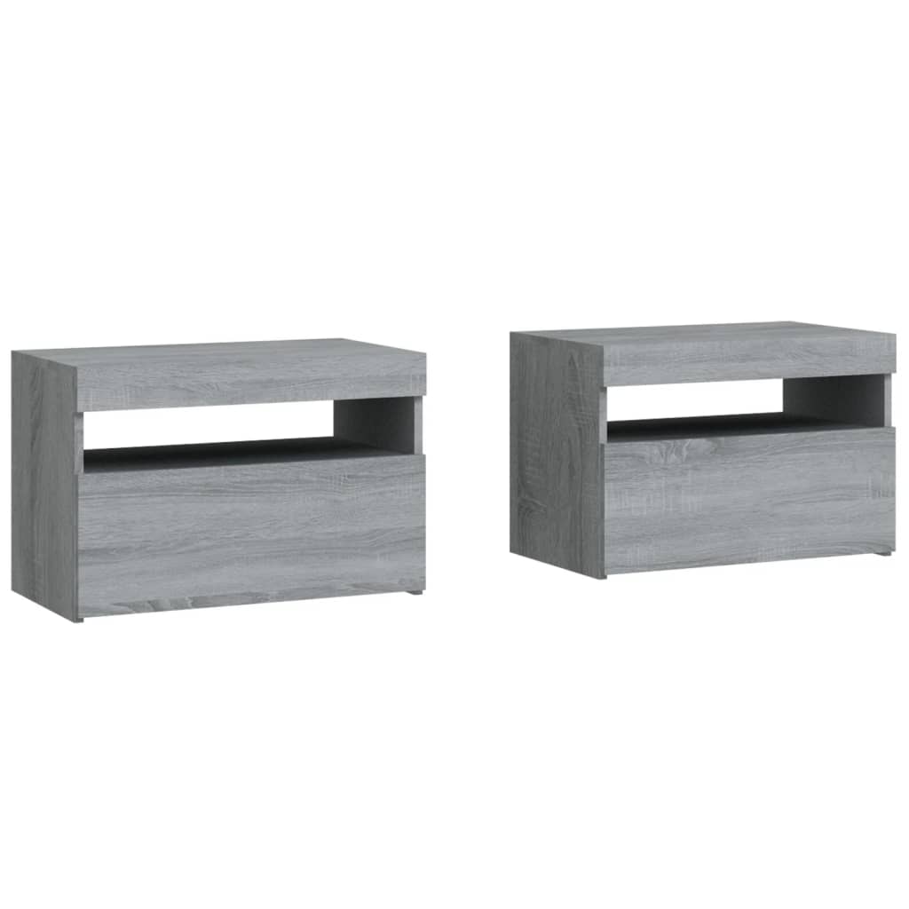 sengeborde 2 stk. med LED-lys 60x35x40 cm grå sonoma-eg
