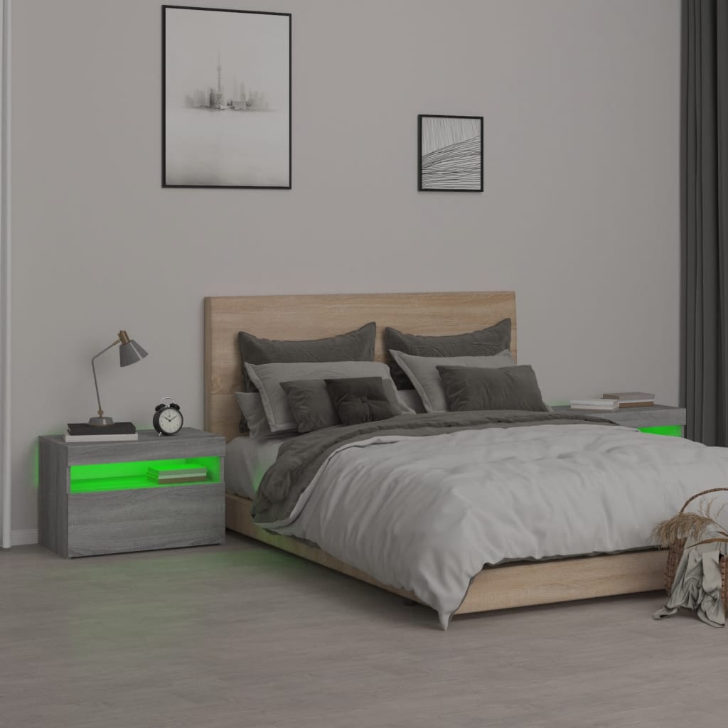 sengeborde 2 stk. med LED-lys 60x35x40 cm grå sonoma-eg