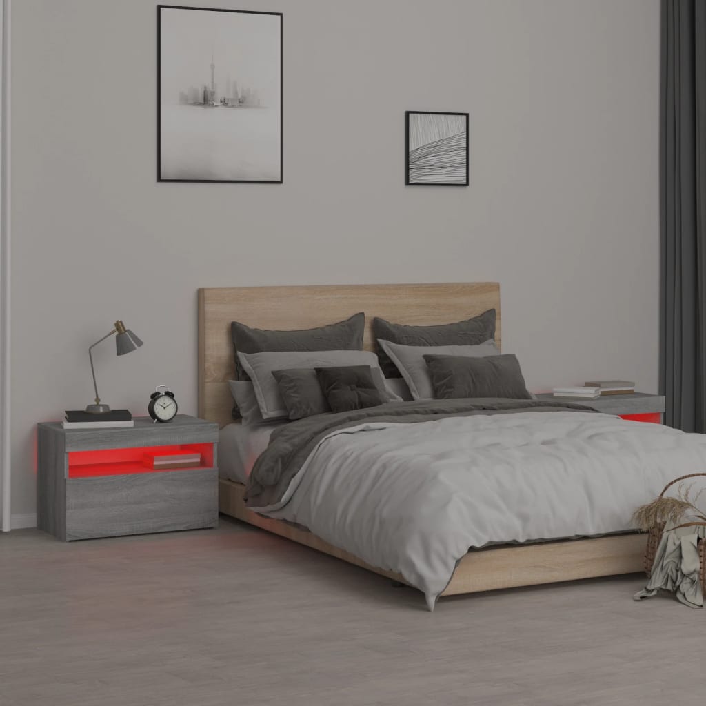 sengeborde 2 stk. med LED-lys 60x35x40 cm grå sonoma-eg