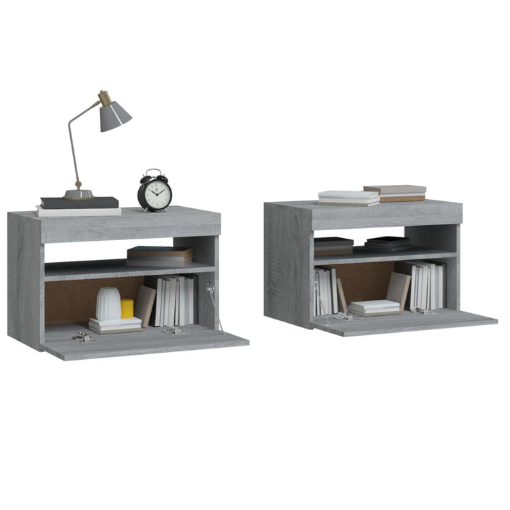 sengeborde 2 stk. med LED-lys 60x35x40 cm grå sonoma-eg