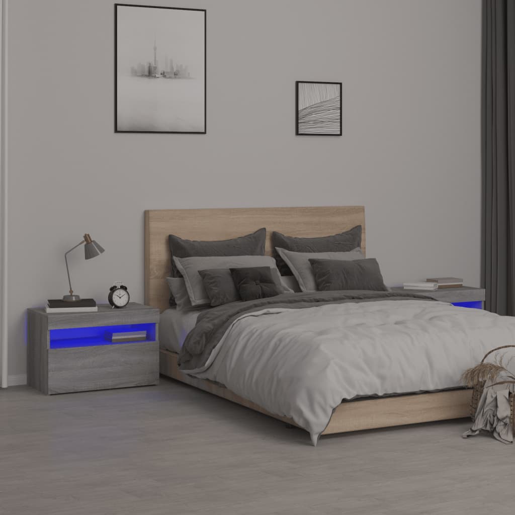 sengeborde 2 stk. med LED-lys 60x35x40 cm grå sonoma-eg