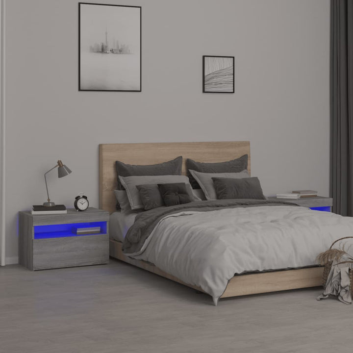 sengeborde 2 stk. med LED-lys 60x35x40 cm grå sonoma-eg