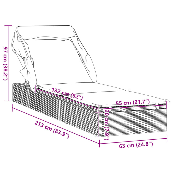 liggestol med foldbart tag 213x63x97 cm polyrattan brun