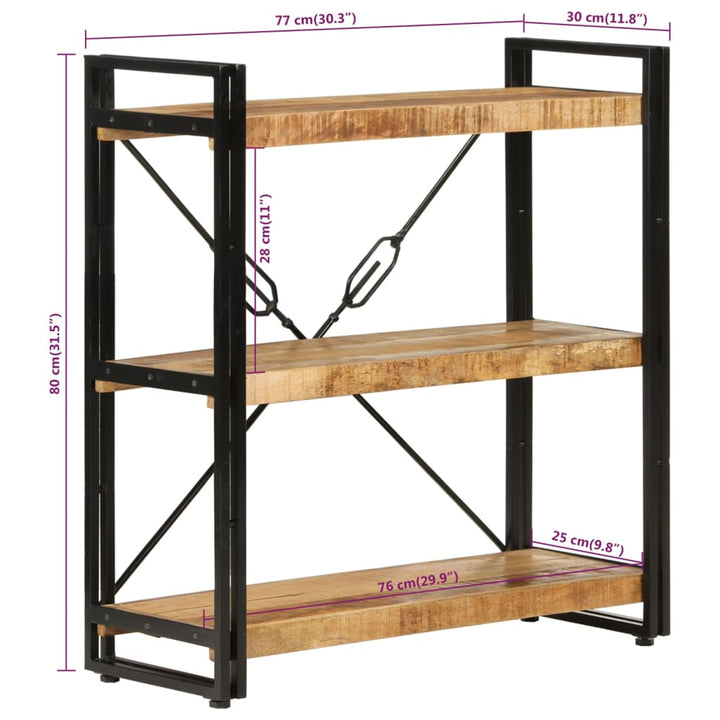 bogreol med 3 hylder 77x30x80 cm massivt mangotræ og jern