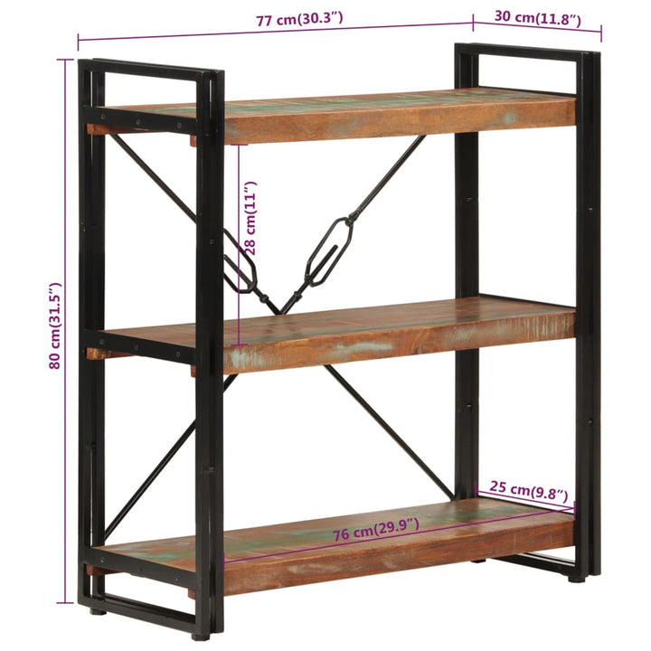 bogreol med 3 hylder 77x30x80 cm massivt genbrugstræ og jern