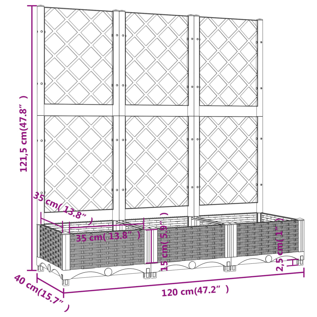 plantekasse med espalier 120x40x121,5 cm PP lysegrå