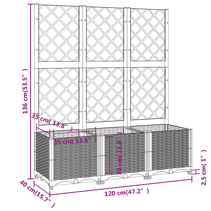 plantekasse med espalier 120x40x136 cm PP lysegrå