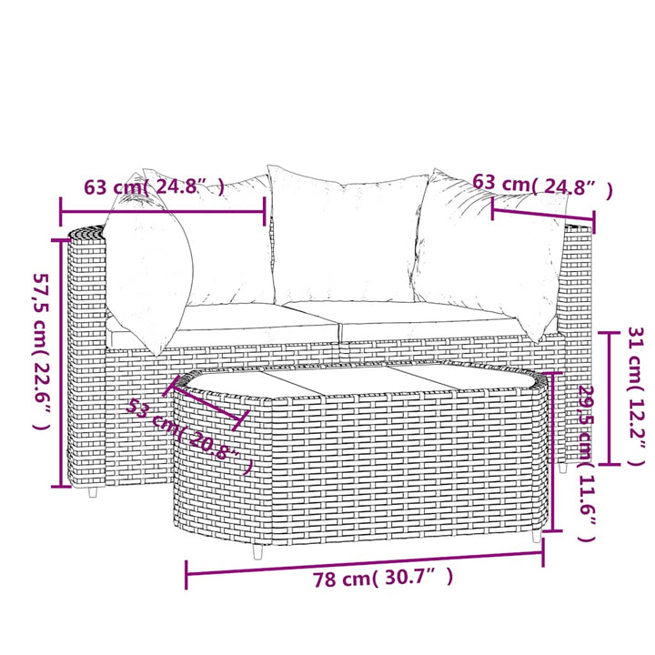loungesæt til haven 3 dele med hynder polyrattan sort