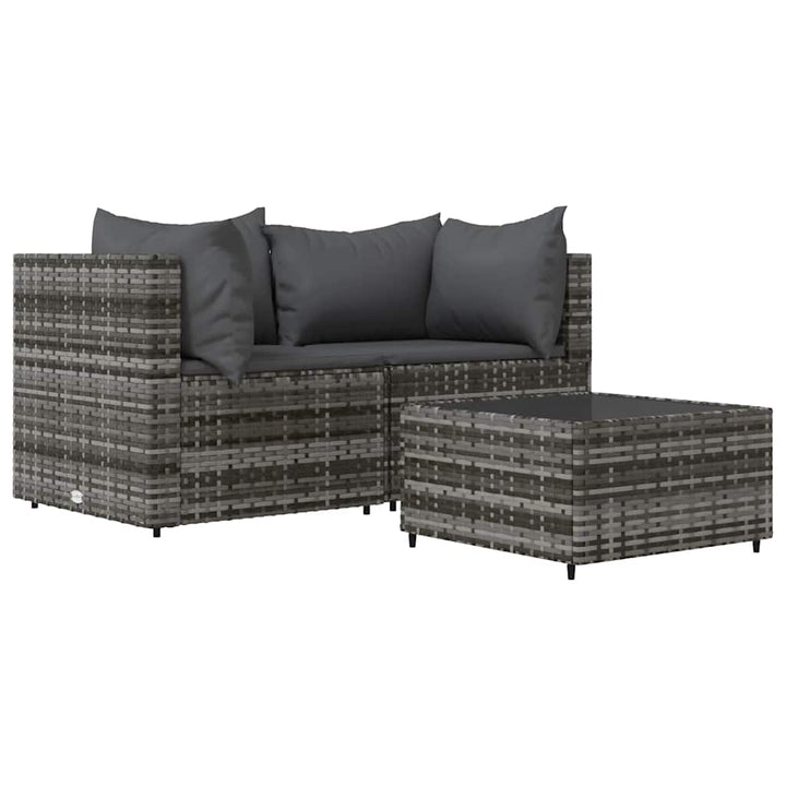 loungesæt til haven 3 dele med hynder polyrattan grå