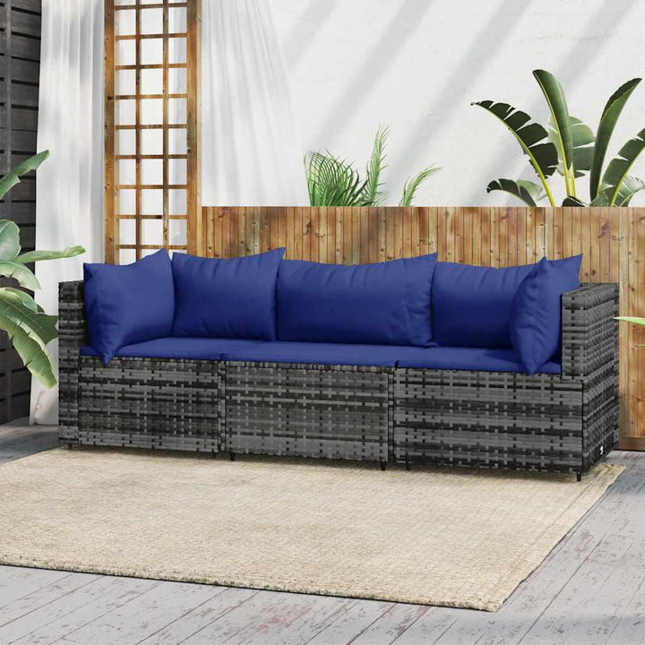 loungesæt til haven 3 dele med hynder polyrattan grå