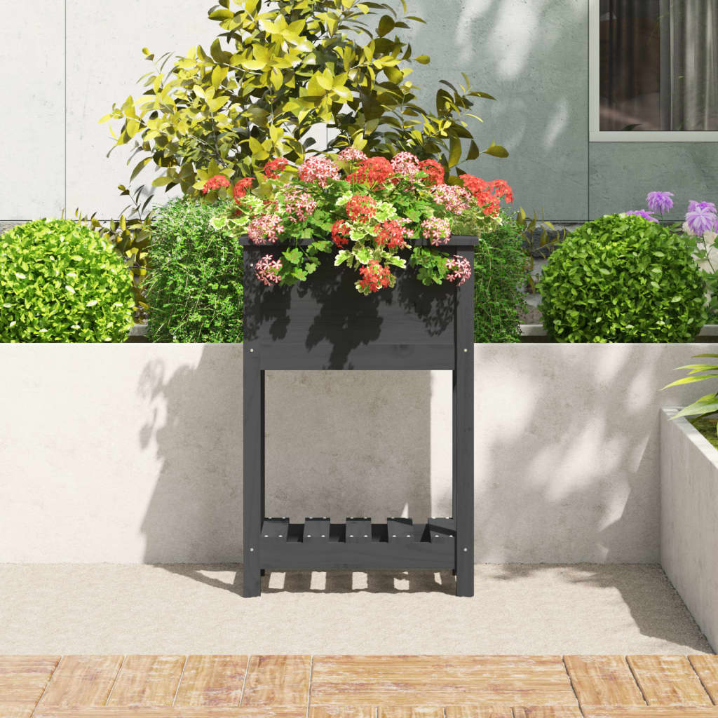 plantekasse med hylde 54x34,5x81 cm massivt fyrretræ grå