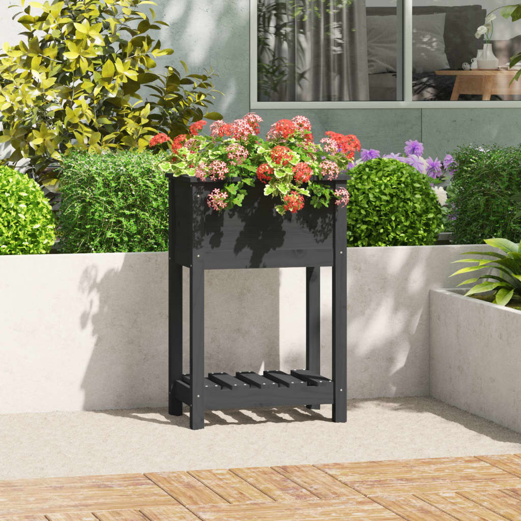 plantekasse med hylde 54x34,5x81 cm massivt fyrretræ grå