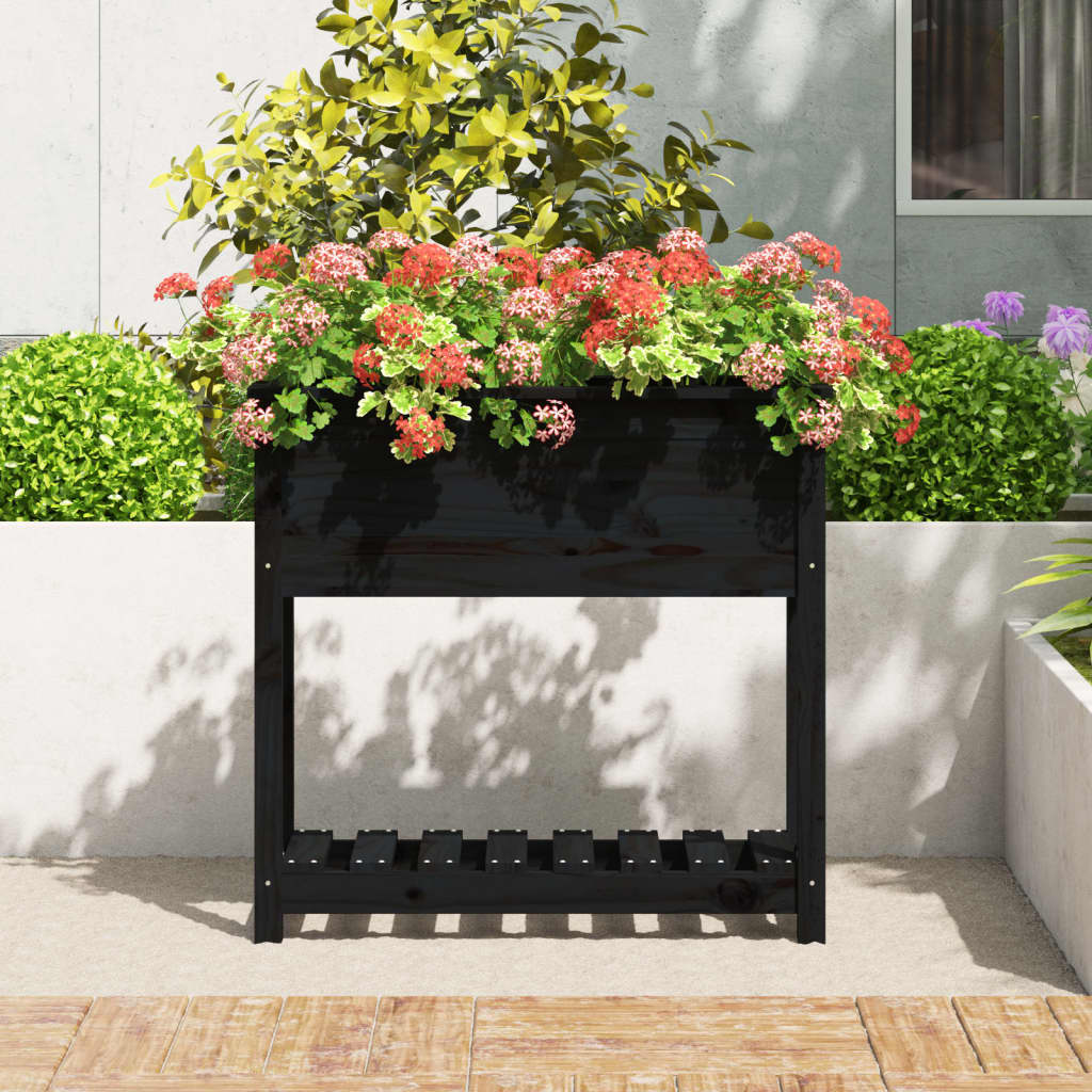 plantekasse med hylde 82,5x34,5x81 cm massivt fyrretræ sort