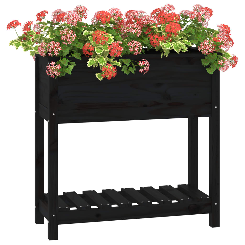 plantekasse med hylde 82,5x34,5x81 cm massivt fyrretræ sort