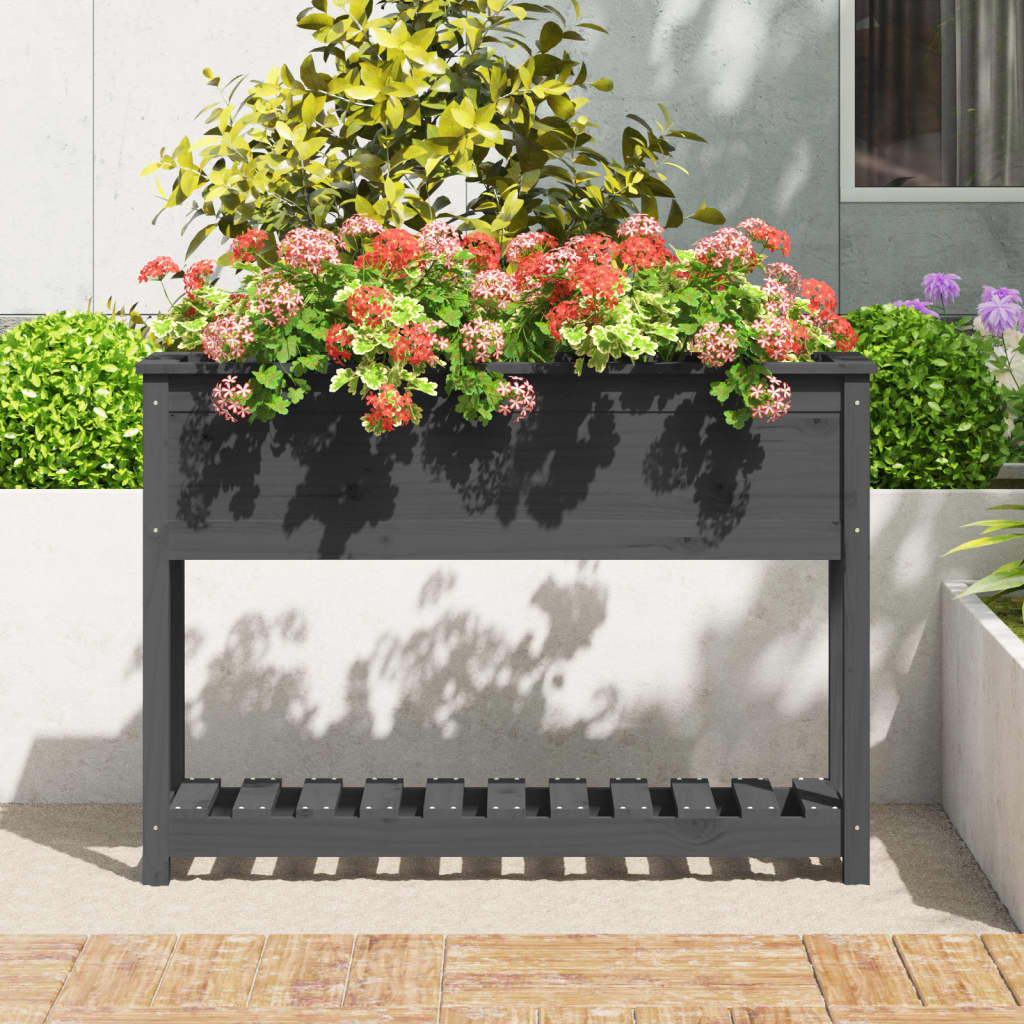 plantekasse med hylde 111,5x34,5x81 cm massivt fyrretræ grå