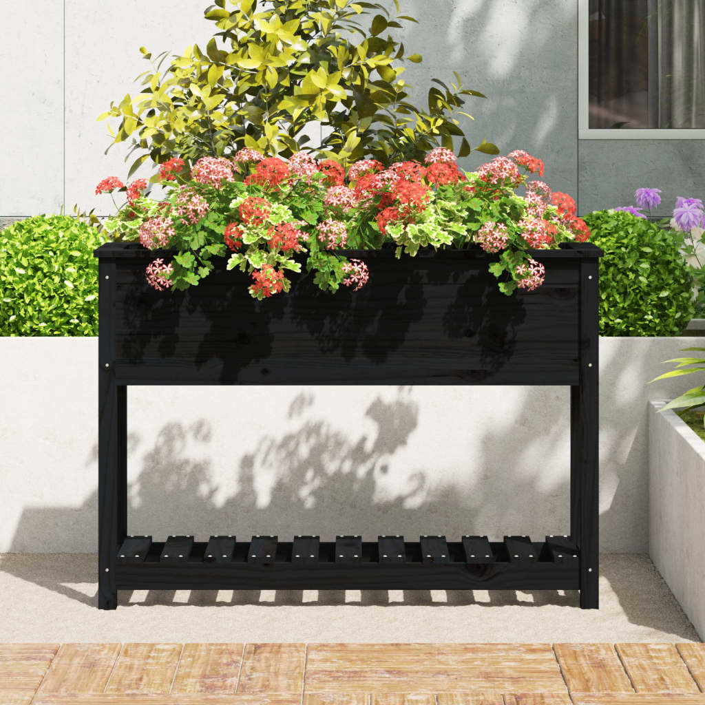 plantekasse med hylde 111,5x34,5x81 cm massivt fyrretræ sort