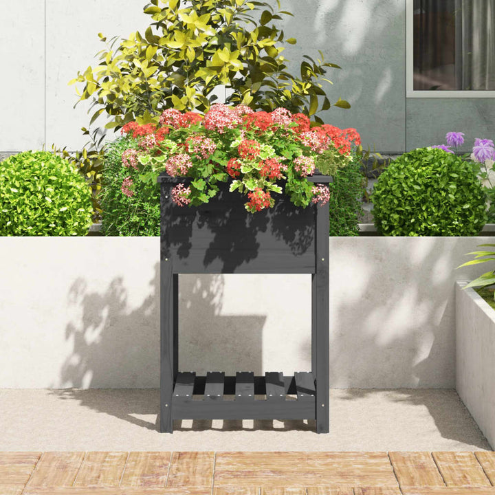 plantekasse med hylde 54x54x81 cm massivt fyrretræ grå