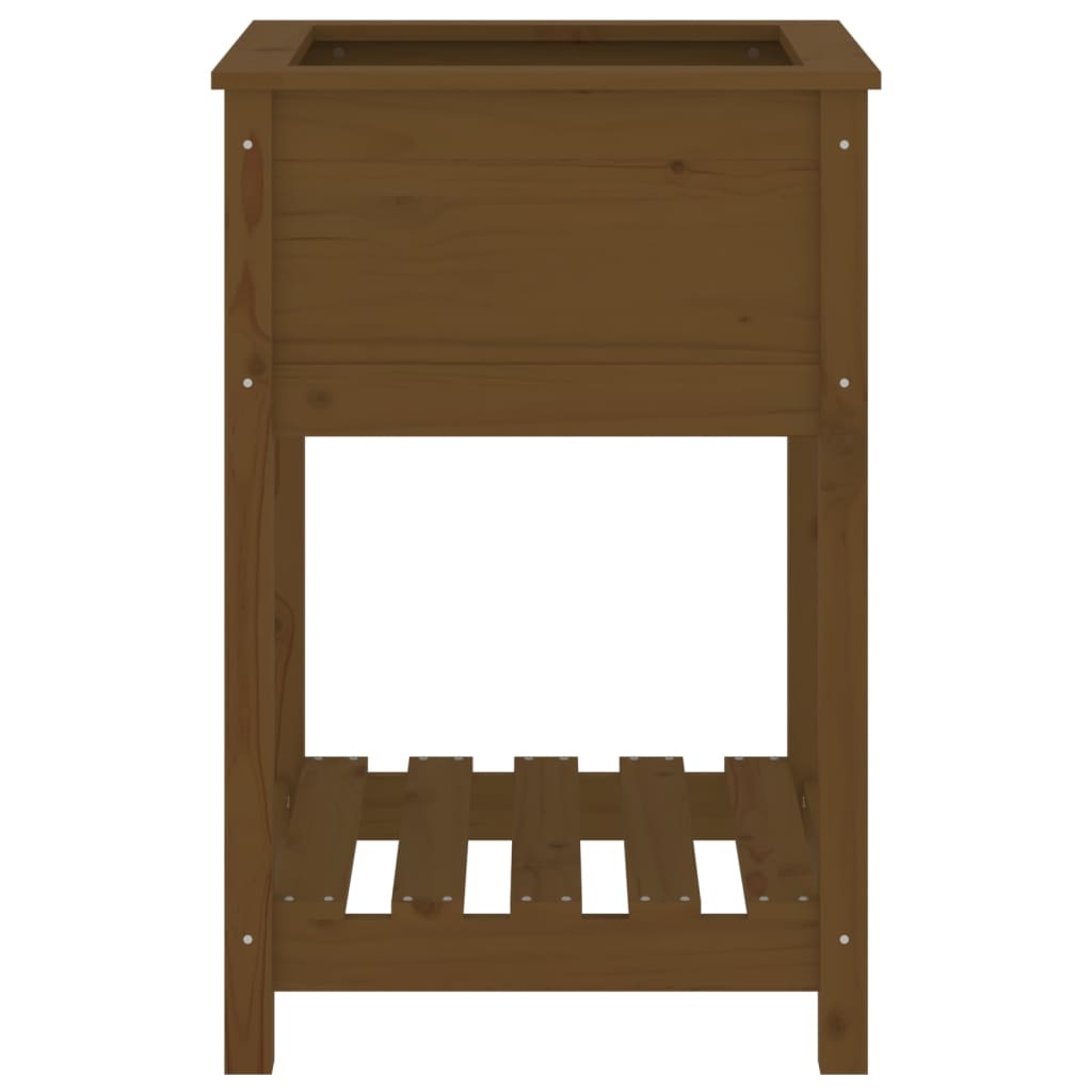 plantekasse med hylde 54x54x81 cm massivt fyrretræ gyldenbrun