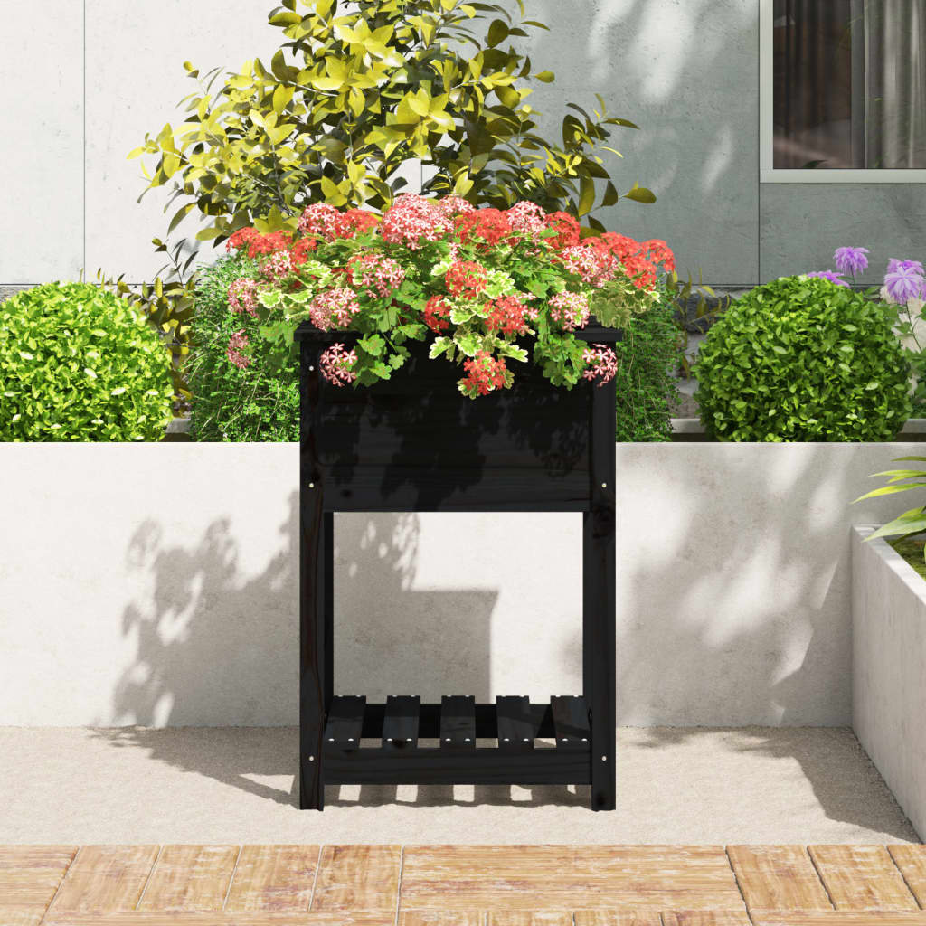 plantekasse med hylde 54x54x81 cm massivt fyrretræ sort