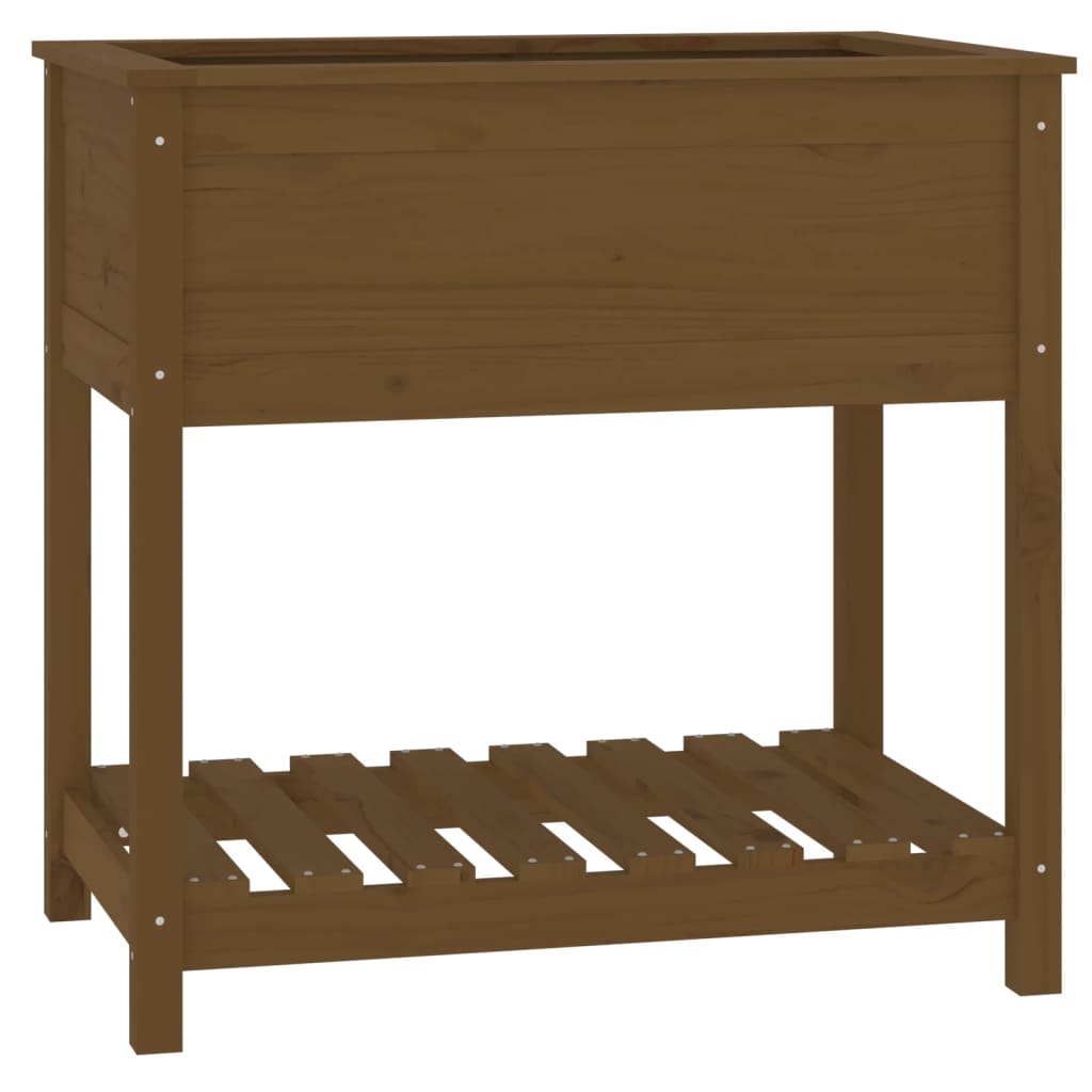 plantekasse med hylde 82,5x54x81 cm massivt fyrretræ gyldenbrun