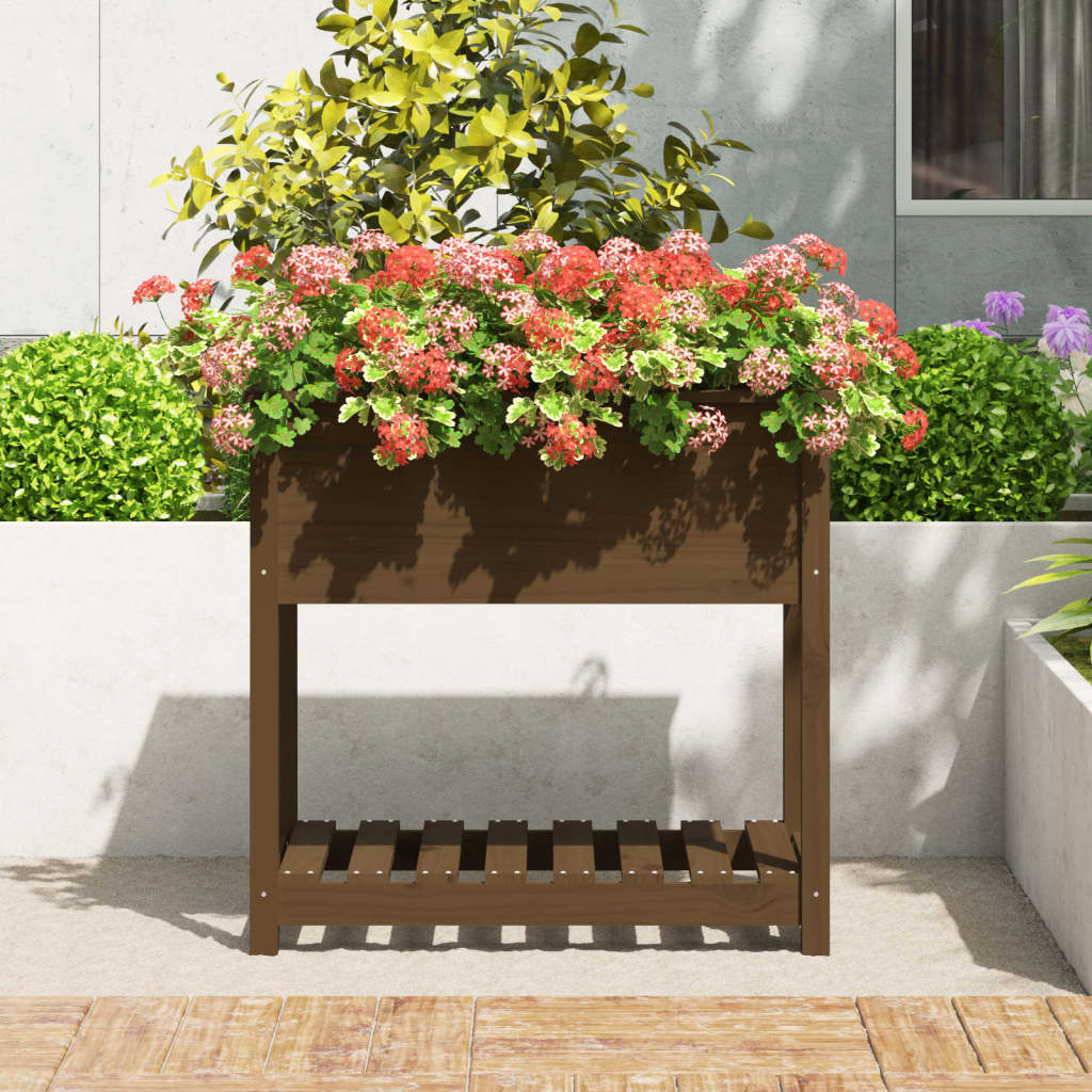plantekasse med hylde 82,5x54x81 cm massivt fyrretræ gyldenbrun