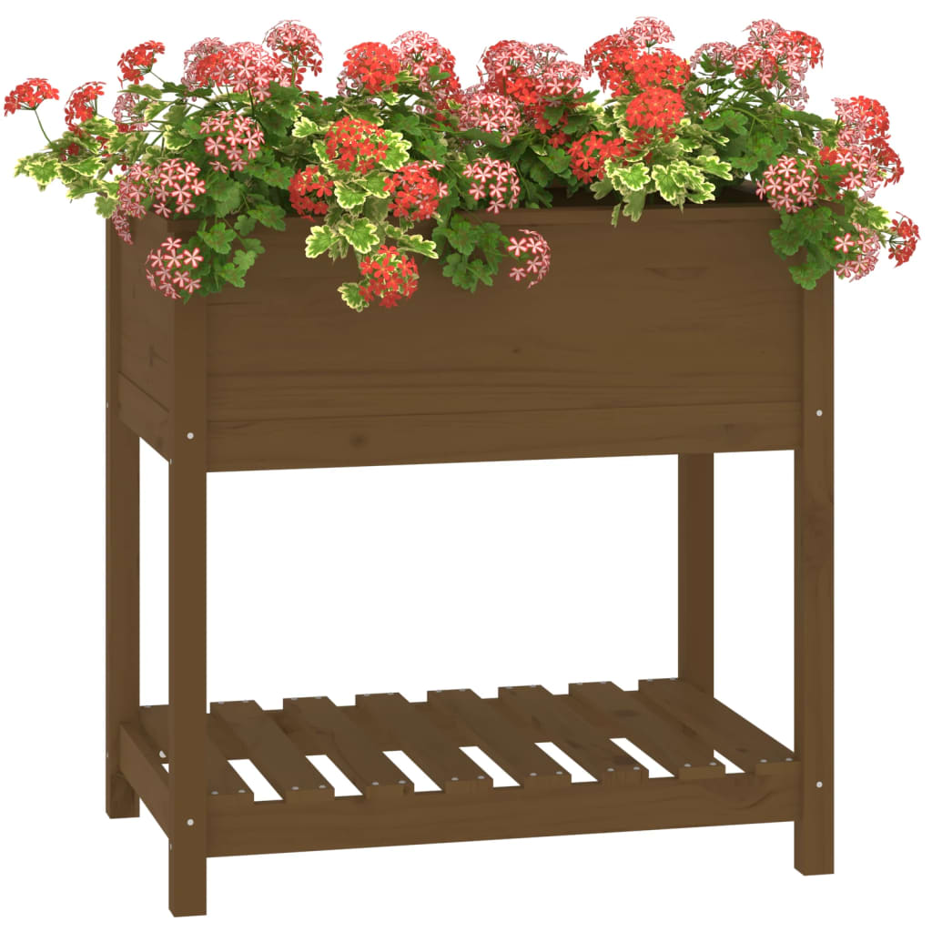 plantekasse med hylde 82,5x54x81 cm massivt fyrretræ gyldenbrun