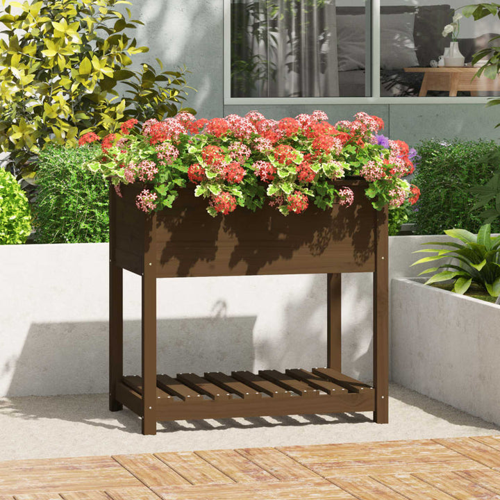 plantekasse med hylde 82,5x54x81 cm massivt fyrretræ gyldenbrun