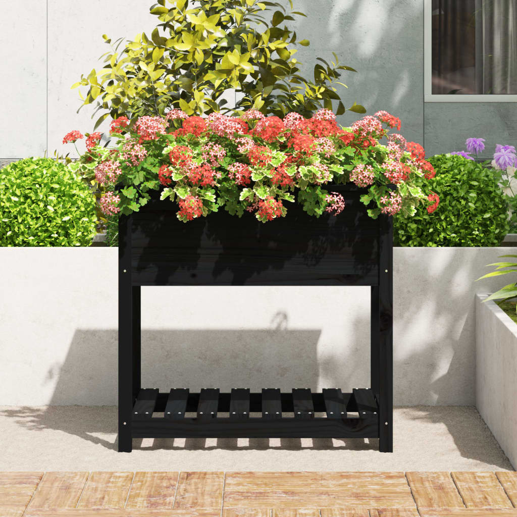 plantekasse med hylde 82,5x54x81 cm massivt fyrretræ sort