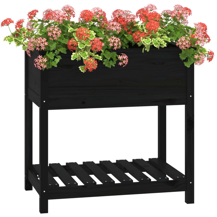 plantekasse med hylde 82,5x54x81 cm massivt fyrretræ sort