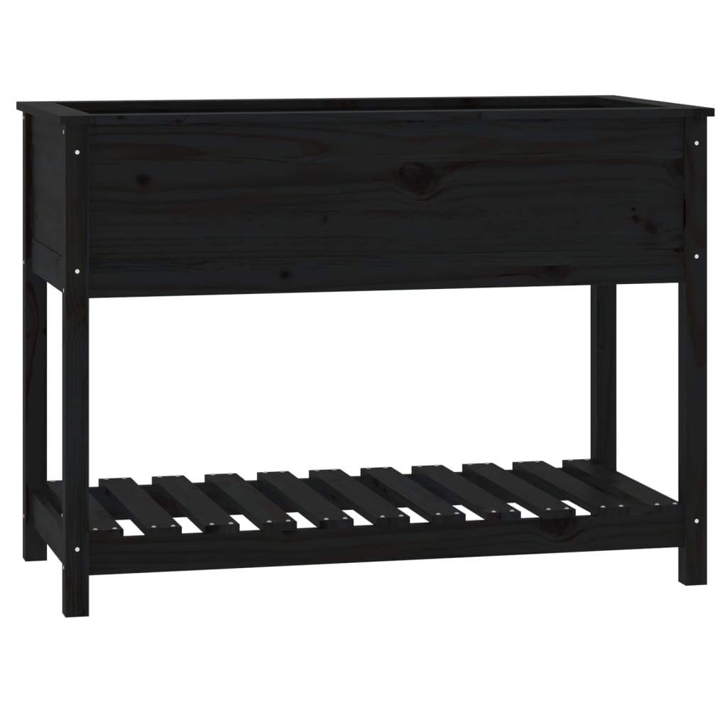 plantekasse med hylde 111,5x54x81 cm massivt fyrretræ sort