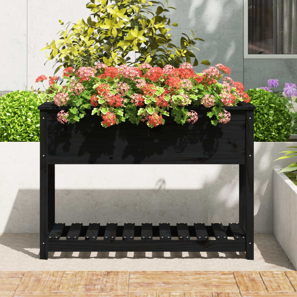 plantekasse med hylde 111,5x54x81 cm massivt fyrretræ sort