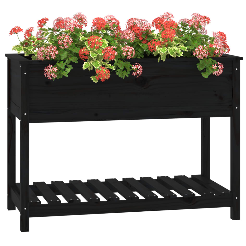 plantekasse med hylde 111,5x54x81 cm massivt fyrretræ sort
