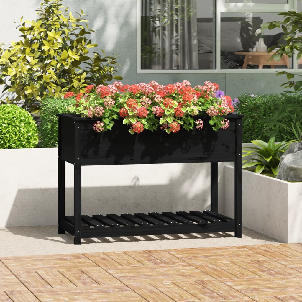 plantekasse med hylde 111,5x54x81 cm massivt fyrretræ sort
