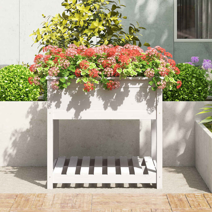plantekasse med hylde 82,5x82,5x81 cm massivt fyrretræ hvid