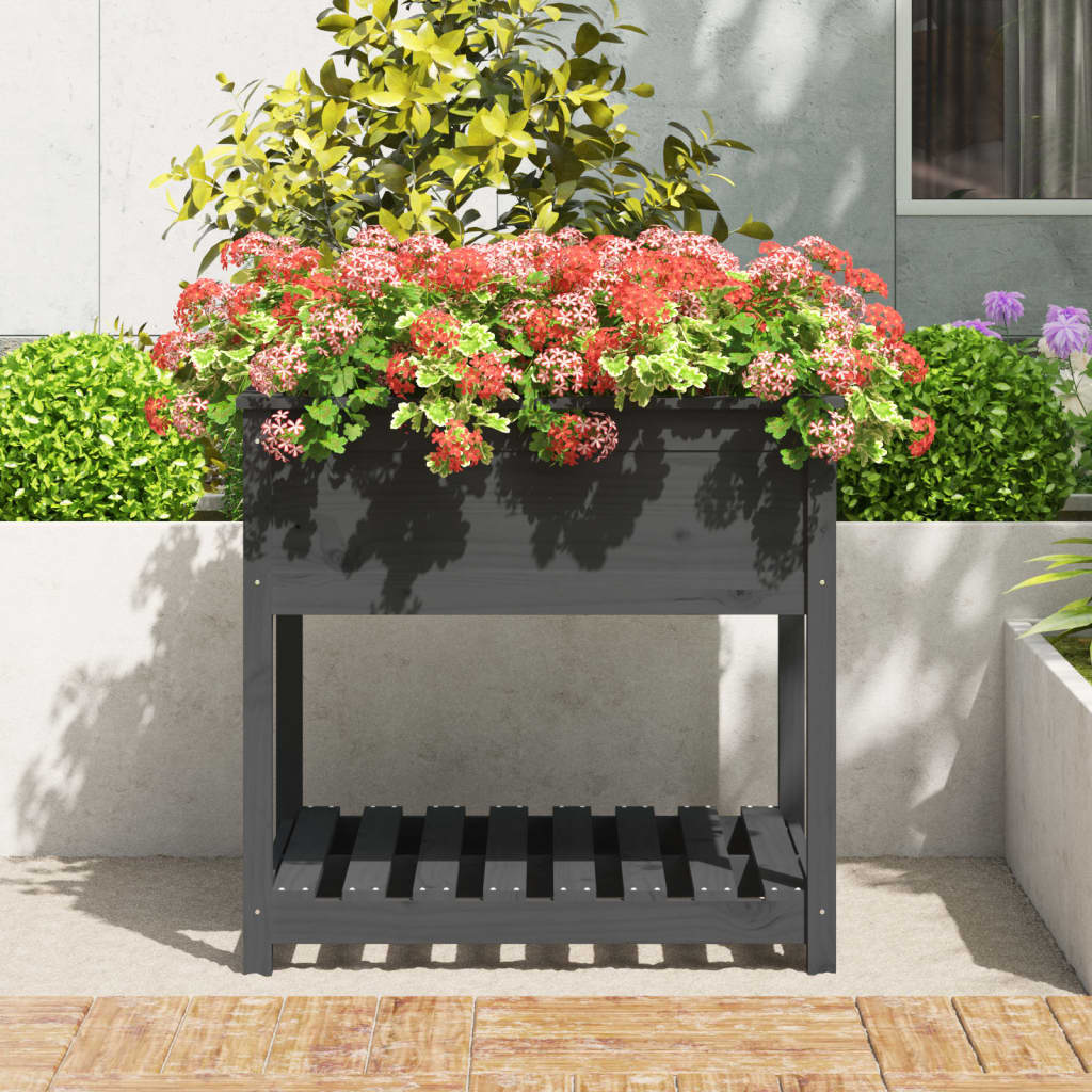 plantekasse med hylde 82,5x82,5x81 cm massivt fyrretræ grå