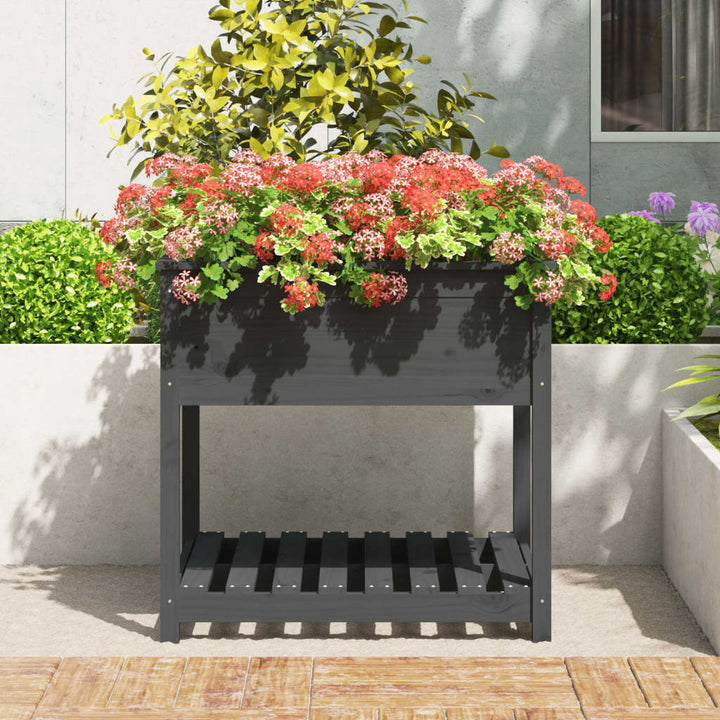 plantekasse med hylde 82,5x82,5x81 cm massivt fyrretræ grå