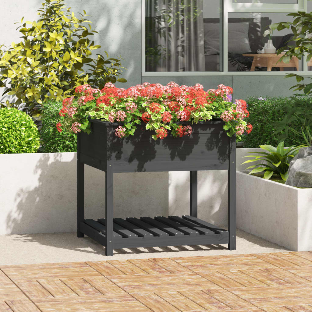 plantekasse med hylde 82,5x82,5x81 cm massivt fyrretræ grå