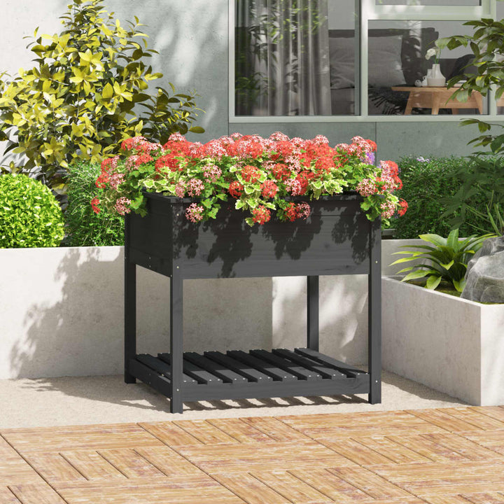 plantekasse med hylde 82,5x82,5x81 cm massivt fyrretræ grå
