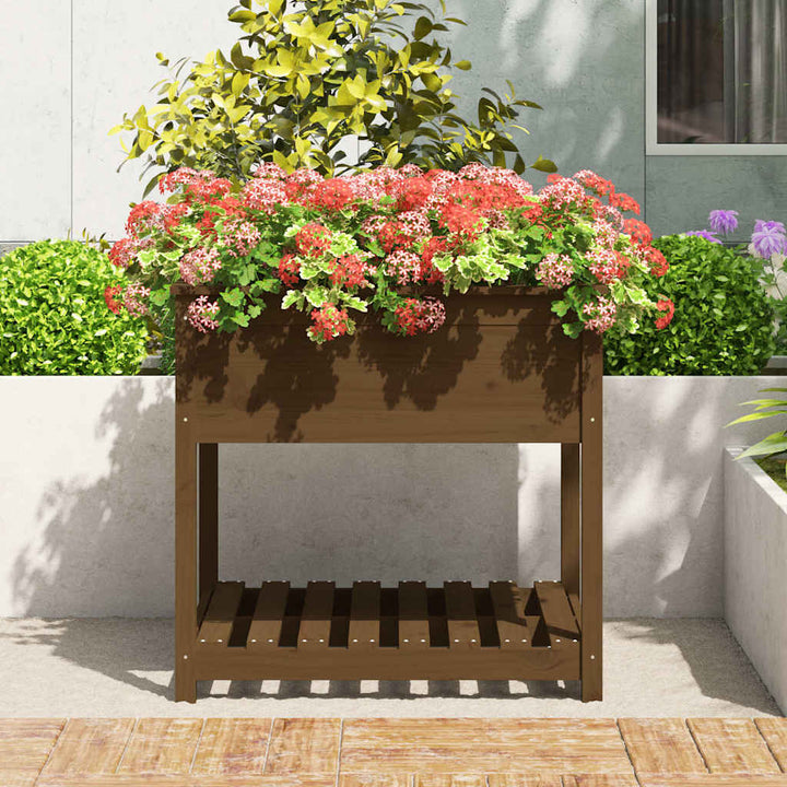 plantekasse med hylde82,5x82,5x81cm massivt fyrretræ gyldenbrun