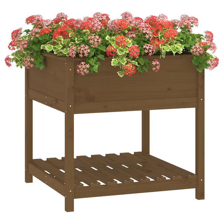 plantekasse med hylde82,5x82,5x81cm massivt fyrretræ gyldenbrun