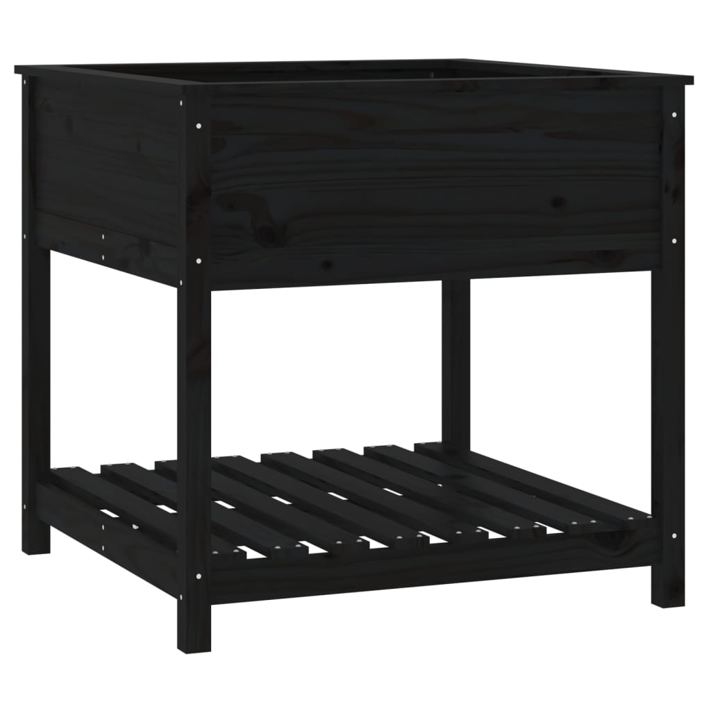 plantekasse med hylde 82,5x82,5x81 cm massivt fyrretræ sort