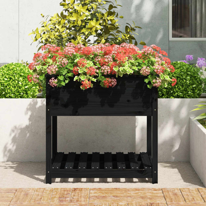 plantekasse med hylde 82,5x82,5x81 cm massivt fyrretræ sort