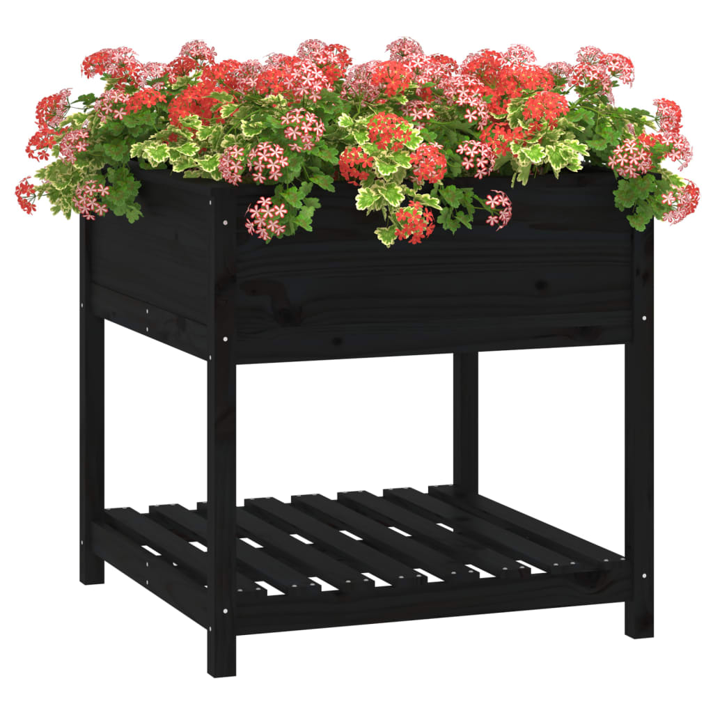 plantekasse med hylde 82,5x82,5x81 cm massivt fyrretræ sort