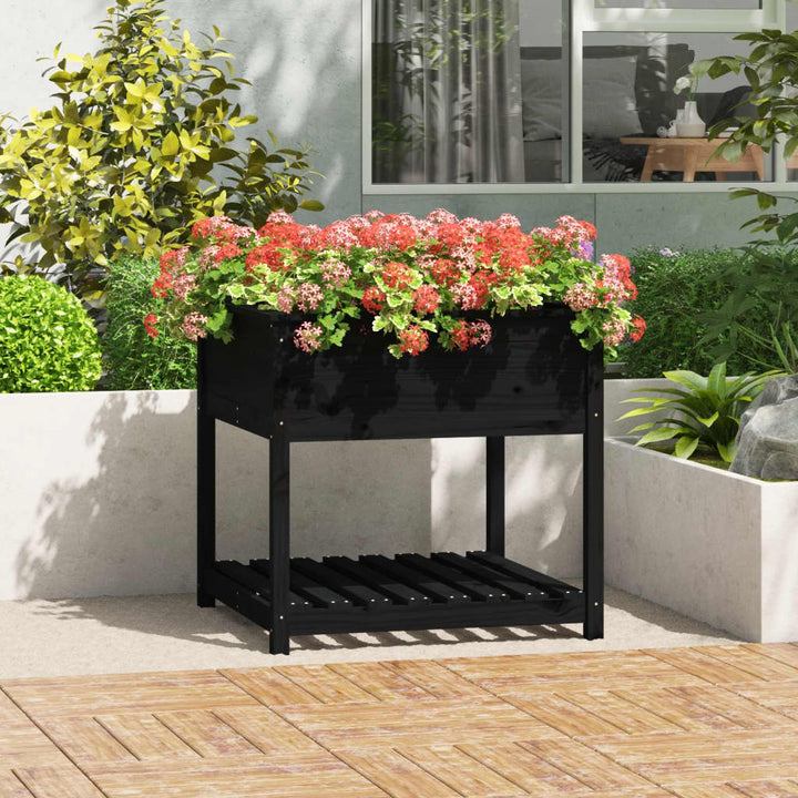 plantekasse med hylde 82,5x82,5x81 cm massivt fyrretræ sort
