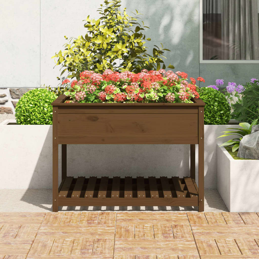 plantekasse med hylde 111,5x111,5x81 cm massivt fyrretræ brun
