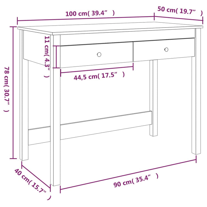 skrivebord med skuffer 100x50x78 cm massivt fyrretræ